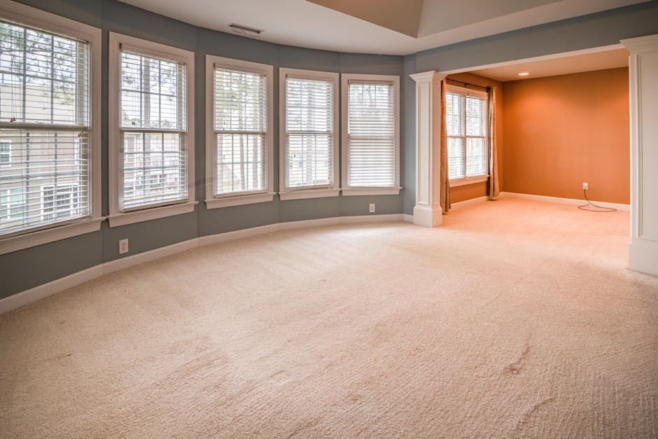 A spacious living room with multiple large, white-framed double-hung sash windows featuring white blinds, allowing natural light to illuminate the area. The room has light blue painted walls, white baseboards, and a vaulted ceiling with recessed lighting. The plush, beige carpeted floor appears clean and well-maintained, with visible pile and minimal signs of dirt or wear. The corner of the room includes a section with a contrasting warm-toned accent wall and an adjoining space separated by a wide, white-painted column. The overall impression is of a tidy, freshly cleaned space suitable for domestic surface cleaning or deep cleaning services offered by Carpet Cleaning Barnes, a professional cleaning company.