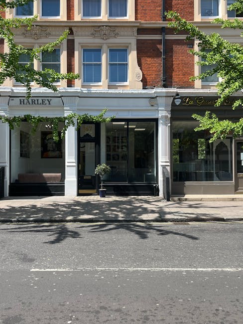 The image depicts a street-level view of a commercial building with large glass storefront windows, flanked by two white columns, housing a business on the ground floor. The interior, visible through the glass, appears clean and well-maintained, with a potted plant on a small table. The upper floors feature traditional brick and stucco facades with decorative window detailing, and the building is partially shaded by leafy green trees lining the sidewalk. The scene is brightly lit with natural daylight, emphasizing the neat and tidy appearance of the storefront and surrounding area. This setting relates to surface cleaning and maintenance, consistent with the services offered by Carpet Cleaning Barnes for residential and commercial spaces, including deep cleaning and sanitisation for upholstery and surfaces nearby.